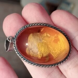 Amber Carved Cameo Sterling Silver pendant